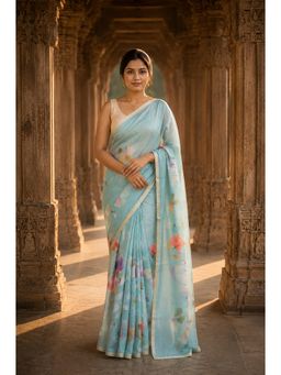 AMRUTKALA SAREES - Blue Designer Linen Printed Saree with Unstitched Blouse