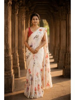 AMRUTKALA SAREES - White Designer Linen Printed Saree with Unstitched Blouse