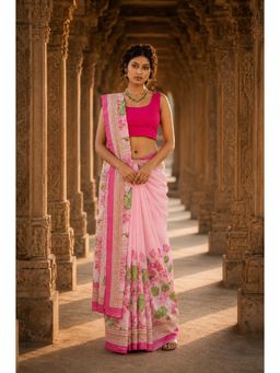 AMRUTKALA SAREES - Pink Designer Linen Printed Saree with Unstitched Blouse