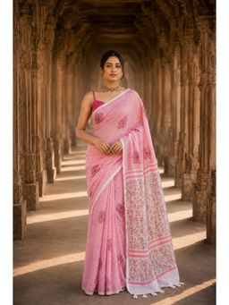 AMRUTKALA SAREES - Pink Designer Linen Printed Saree with Unstitched Blouse