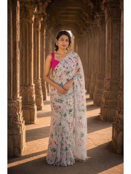 AMRUTKALA SAREES - White Designer Linen Printed Saree with Unstitched Blouse