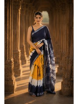 AMRUTKALA SAREES - Yellow-Blue Designer Linen Printed Saree with Unstitched Blouse