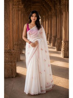 AMRUTKALA SAREES - White Designer Linen Printed Saree with Unstitched Blouse