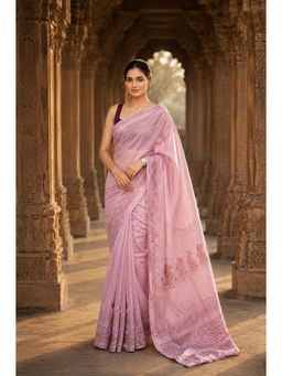 AMRUTKALA SAREES - Pink Designer Linen Printed Saree with Unstitched Blouse
