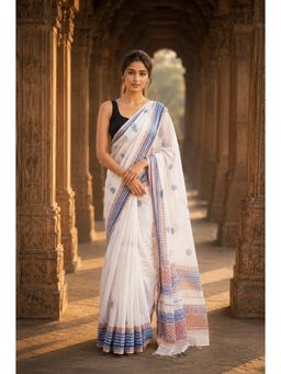 AMRUTKALA SAREES - White Designer Linen Printed Saree with Unstitched Blouse