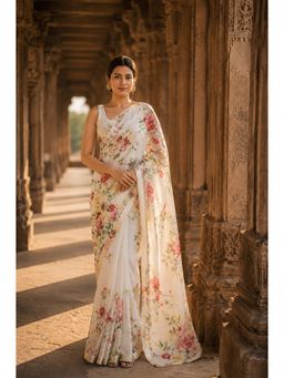 AMRUTKALA SAREES - White Designer Linen Printed Saree with Unstitched Blouse