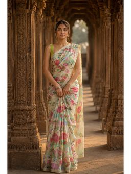 AMRUTKALA SAREES - Green Designer Linen Printed Saree with Unstitched Blouse