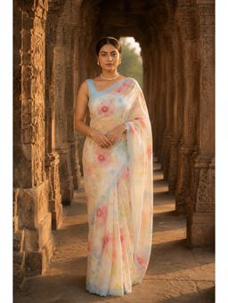 AMRUTKALA SAREES - White Designer Linen Printed Saree with Unstitched Blouse