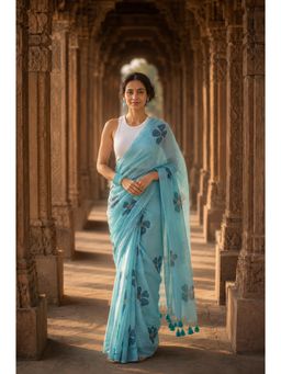 AMRUTKALA SAREES - Blue Designer Linen Printed Saree with Unstitched Blouse