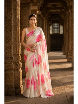 AMRUTKALA SAREES - White Designer Linen Printed Saree with Unstitched Blouse