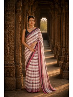 AMRUTKALA SAREES - White Designer Linen Printed Saree with Unstitched Blouse
