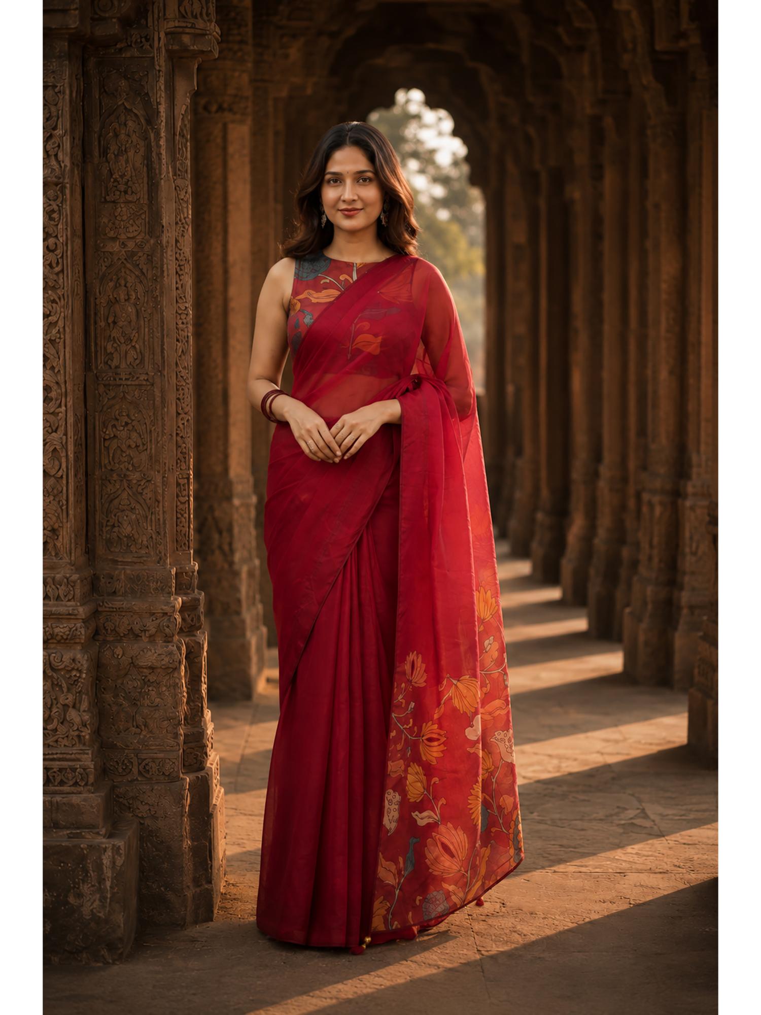 Red Designer Linen Printed Saree with Unstitched Blouse-image-9
