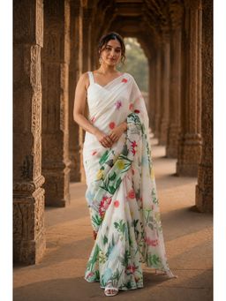 AMRUTKALA SAREES - White Designer Linen Printed Saree with Unstitched Blouse