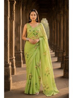 AMRUTKALA SAREES - Green Designer Linen Printed Saree with Unstitched Blouse