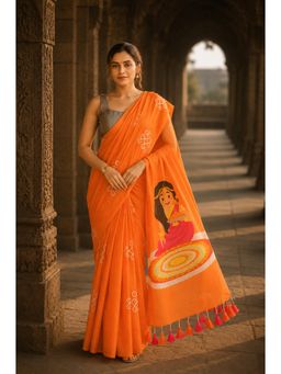 AMRUTKALA SAREES - Orange Designer Linen Printed Saree with Unstitched Blouse