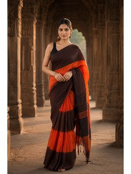 AMRUTKALA SAREES - Orange Designer Linen Printed Saree with Unstitched Blouse
