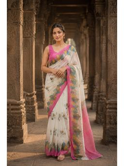 AMRUTKALA SAREES - White Designer Linen Printed Saree with Unstitched Blouse