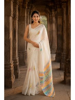 AMRUTKALA SAREES - White Designer Linen Printed Saree with Unstitched Blouse