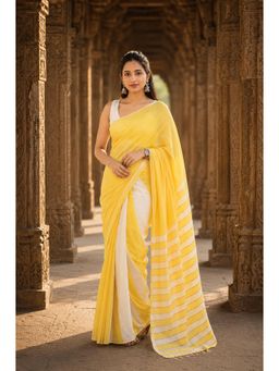 AMRUTKALA SAREES - Yellow Designer Linen Printed Saree with Unstitched Blouse