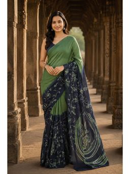AMRUTKALA SAREES - Green Designer Linen Printed Saree with Unstitched Blouse