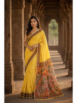 AMRUTKALA SAREES - Yellow Designer Linen Printed Saree with Unstitched Blouse