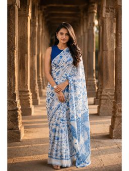 AMRUTKALA SAREES - White Designer Linen Printed Saree with Unstitched Blouse