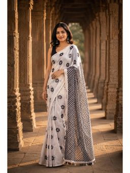 AMRUTKALA SAREES - White Designer Linen Printed Saree with Unstitched Blouse