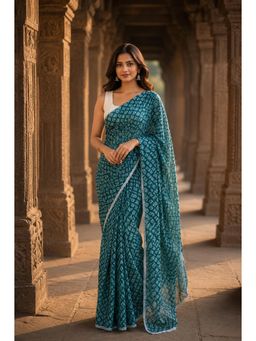 AMRUTKALA SAREES - Teal Designer Linen Printed Saree with Unstitched Blouse