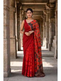AMRUTKALA SAREES - Red Designer Linen Printed Saree with Unstitched Blouse