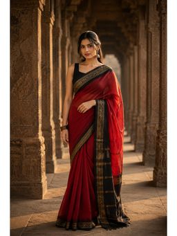 AMRUTKALA SAREES - Red Designer Linen Printed Saree with Unstitched Blouse