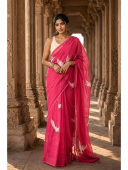 AMRUTKALA SAREES - Pink Designer Linen Printed Saree with Unstitched Blouse