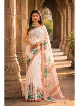 AMRUTKALA SAREES - White Designer Linen Printed Saree with Unstitched Blouse