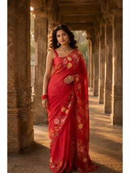 AMRUTKALA SAREES - Red Designer Linen Printed Saree with Unstitched Blouse