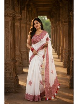 AMRUTKALA SAREES - White Designer Linen Printed Saree with Unstitched Blouse