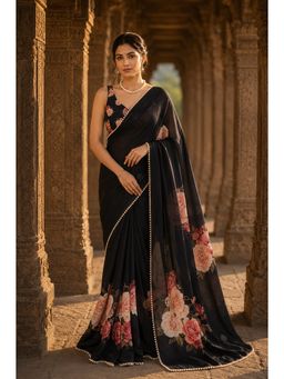 AMRUTKALA SAREES - Black Designer Georgette Printed Saree with Unstitched Blouse
