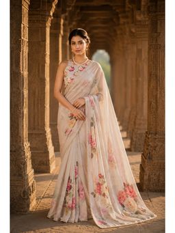 AMRUTKALA SAREES - Cream Designer Georgette Printed Saree with Unstitched Blouse
