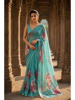 AMRUTKALA SAREES - Teal Designer Georgette Printed Saree with Unstitched Blouse