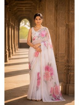 AMRUTKALA SAREES - White Designer Georgette Printed Saree with Unstitched Blouse