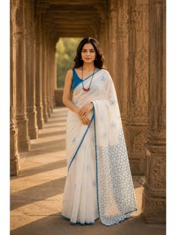 AMRUTKALA SAREES - White Designer Linen Printed Saree with Unstitched Blouse