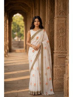 AMRUTKALA SAREES - White Designer Linen Printed Saree with Unstitched Blouse