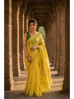 AMRUTKALA SAREES - Yellow Designer Linen Printed Saree with Unstitched Blouse