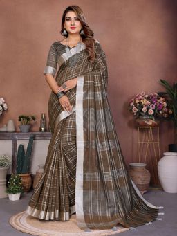 Odette - Brown Cotton Blend Checkered Saree with Unstitched Blouse