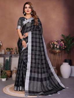 Odette - Black Cotton Blend Checkered Saree with Unstitched Blouse