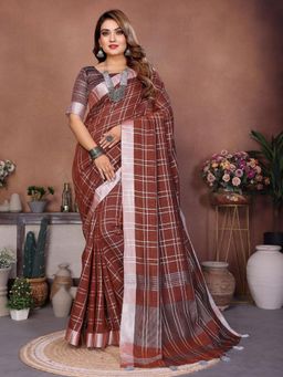 Odette - Light Brown Cotton Blend Checkered Saree with Unstitched Blouse