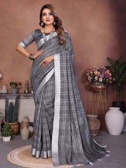 Odette - Grey Cotton Blend Checkered Saree with Unstitched Blouse