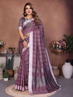 Odette - Dusty Mauve Cotton Blend Checkered Saree with Unstitched Blouse