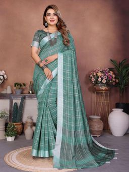 Odette - Sage Green Cotton Blend Checkered Saree with Unstitched Blouse