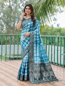 Odette - Blue Silk Blend Printed Saree with Unstitched Blouse
