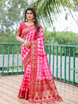Odette - Pink And Red Silk Blend Printed Saree with Unstitched Blouse