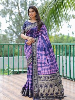 Odette - Royal Purple Silk Blend Printed Saree with Unstitched Blouse